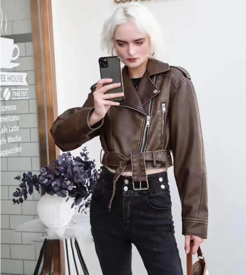 Women Oversized Vintage Loose Pu Faux Leather Short Jacket with Belt Streetwear Female Zipper Retro Moto Biker Coat Outwear