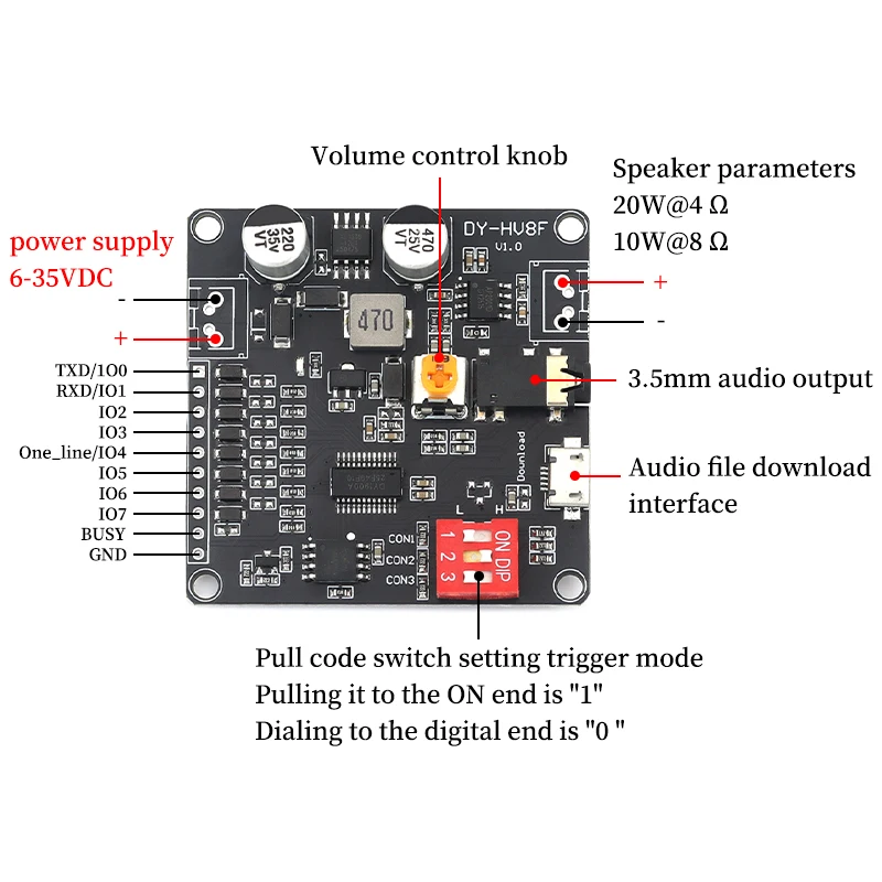 Javino 1/5/10Pcs DY-HV8F Voice Playback Module 12V/24V 1-to-1 Trigger Serial Port Control 10W/20W Audio Player Module HV8F