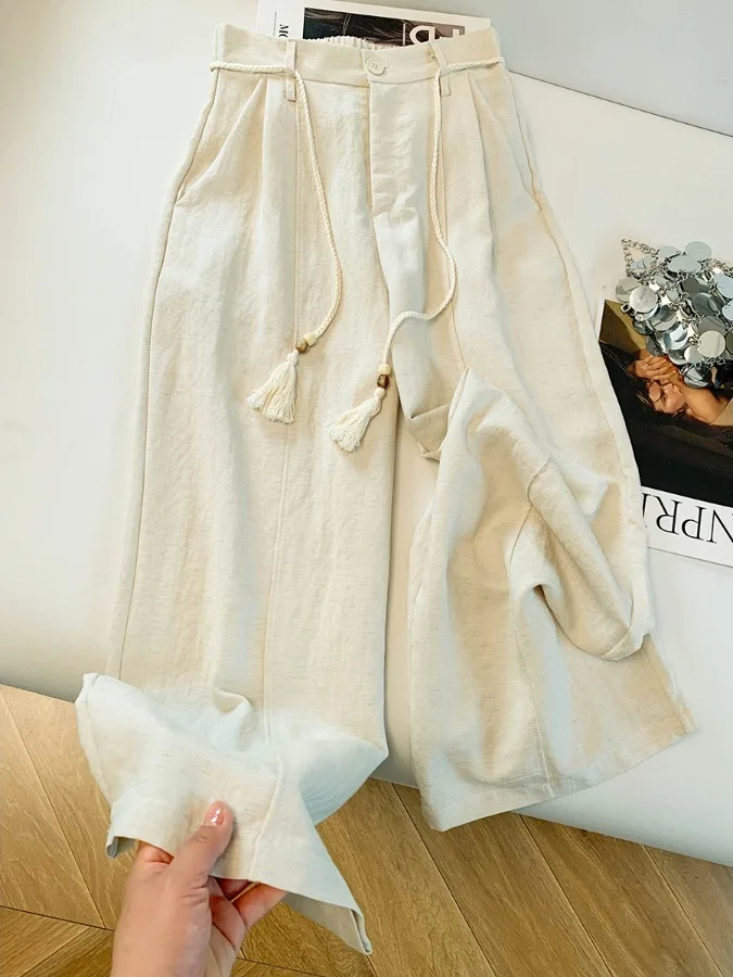 

Женские летние брюки с высокой талией, свободного кроя, прямые, из тонкого льняного шелка и хлопка, широкие, повседневные, в деловом стиле