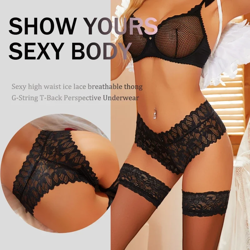 7Pcs/Set Women's Sexy High Waist Lace Perspective G-string Solid Color Hollow Out Floral Thongs Breathable Transparent Lingerie