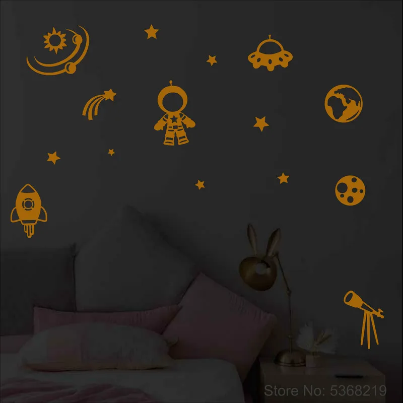 Universe Stickers Stars Spacecraft Astronaut Astronomical Telescope Space Rocket Kids Room Wall Ceiling Decoration Glow Stickers