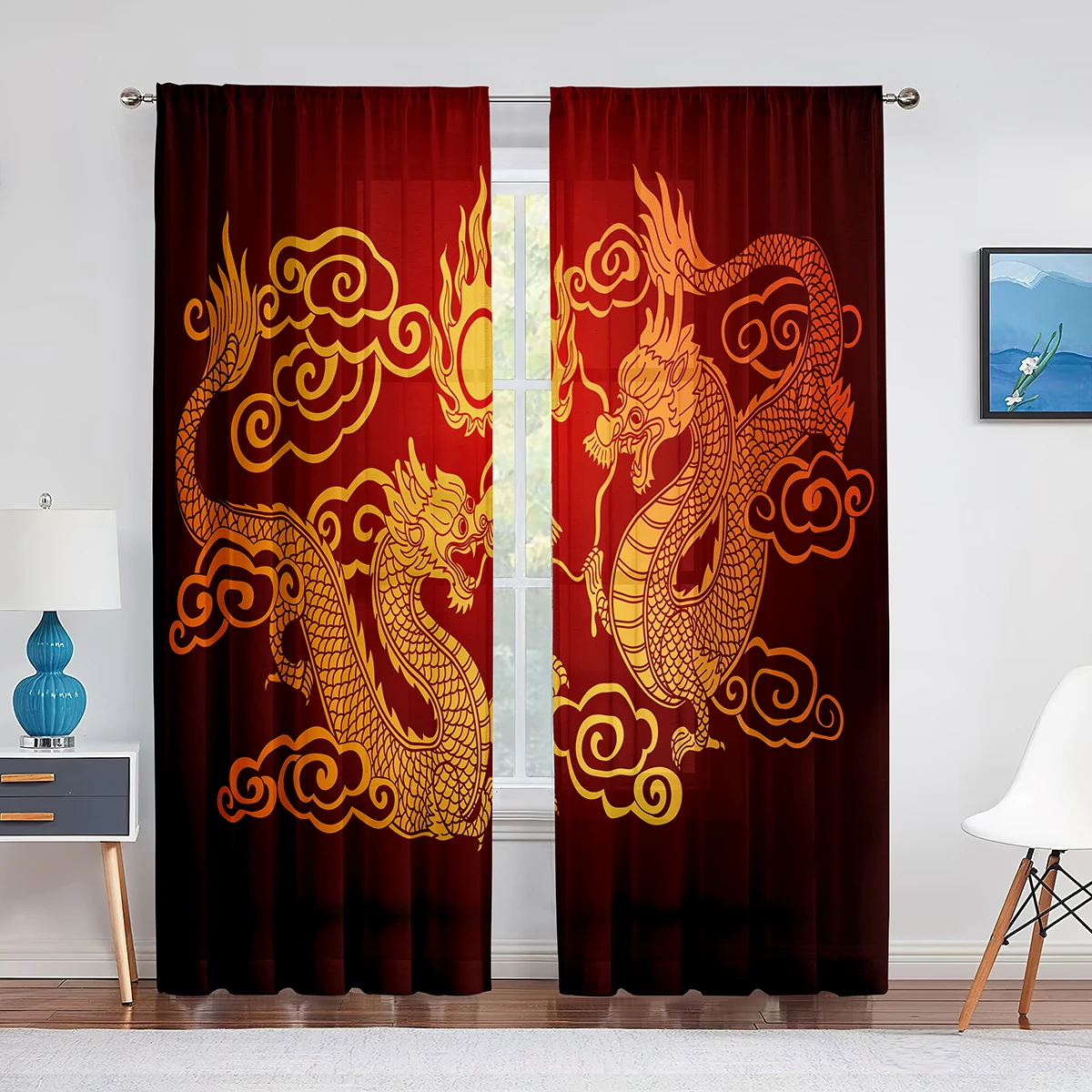 Two Golden Dragon on Red Background Sheer Voile Curtain for Living Room Bedroom Kitchen Transparent Tulle Curtain Window Drape