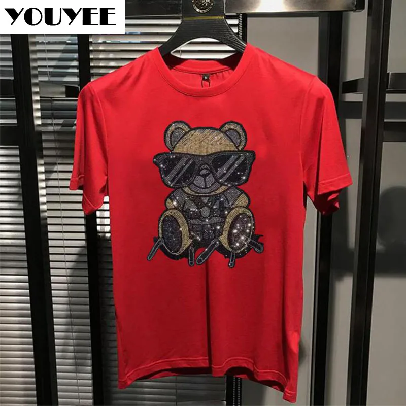 Summer Rhinestone T-shirt Men's 2022 Latest Style Cotton Round Neck Young Vitality Handsome Multi-color Male Top Man Clothing 4x