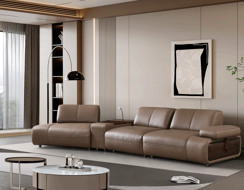 #Italian Minimalist Leather Sofa Set With High Elasticity Curved Shape Convertible Design For Modern Living Rooms