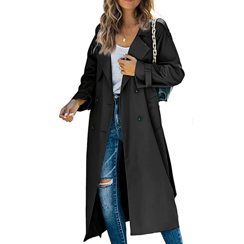 Fashion Korean Trench Coat for Women Solid Lapel Double Breasted Long Sleeves Jackets Winter Casual Oversized Tops Windbreaker