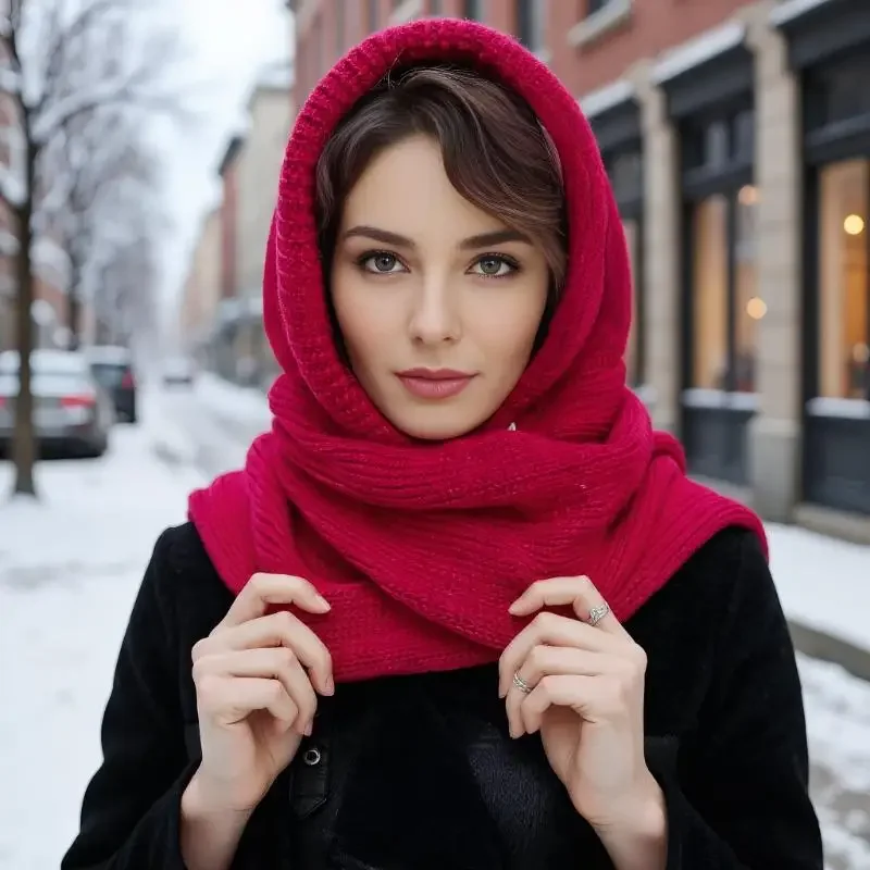 بالاكلافا الشتوية ذات اللون الصلب، قبعة بيني متماسكة كاجوال للنساء، وشاح بياقة الرقبة، مقاوم للرياح والبرودة - هدية مثالية