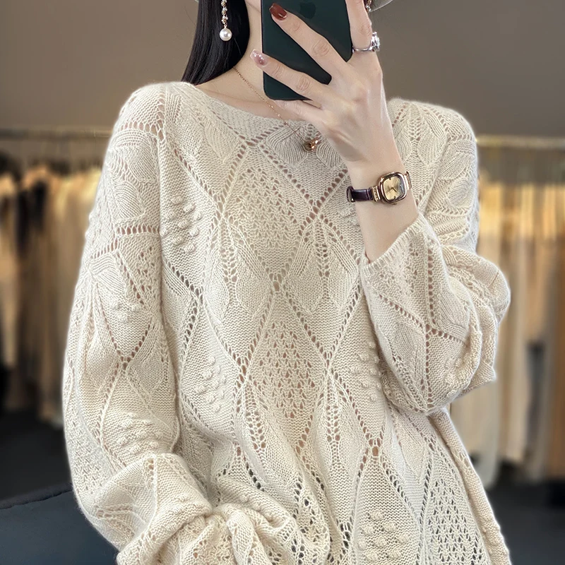 Spring and summer cashmere sweater thin pullover women\'s knitted hollow-out O-neck  women\'s 100% pure wool sweater New products