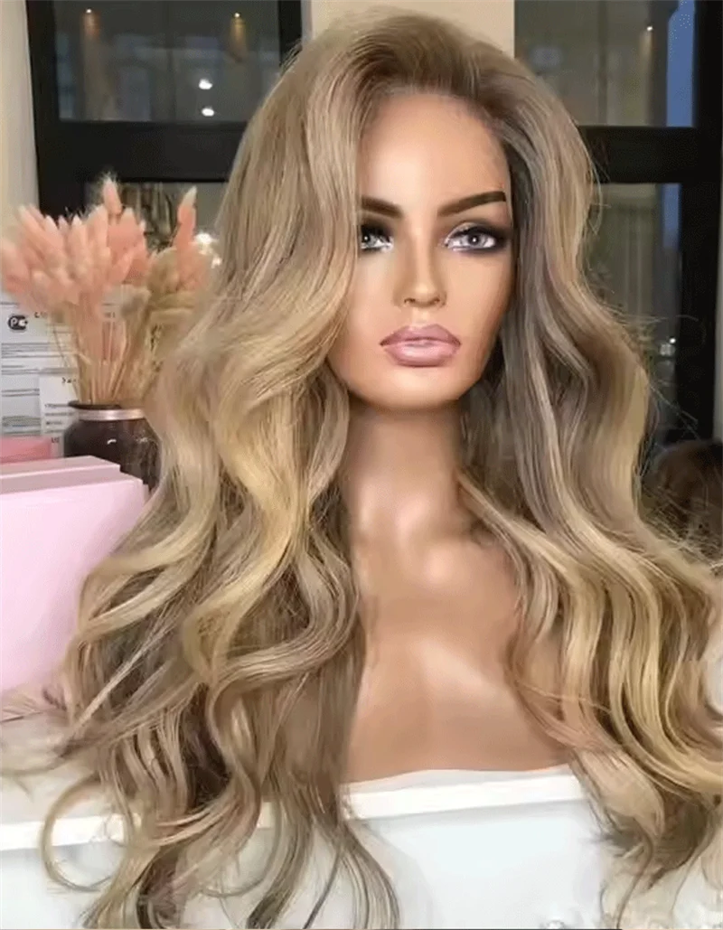 

Блондинка Мелирование Коричневые Корни Бесклеевые Парики Длинные Волнистые Волосы Синтетическое Волокно 13x4 Парик Фронта Шнурка Высокой Плотность Ежедневный Косплей