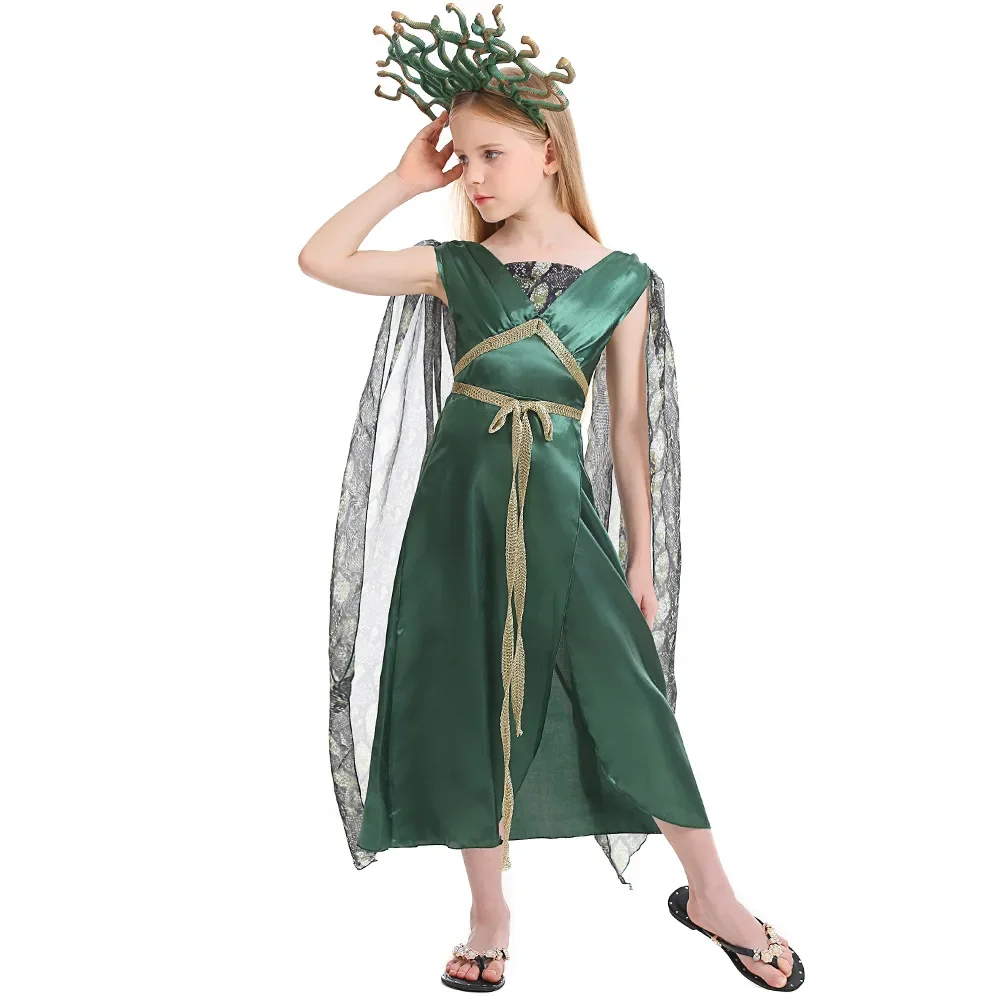 

Halloween Party Child Greek Myth Snake Hydra Head Band Green Dress Cosplay Costume Witch Costume Medieval Snake Siren Sets