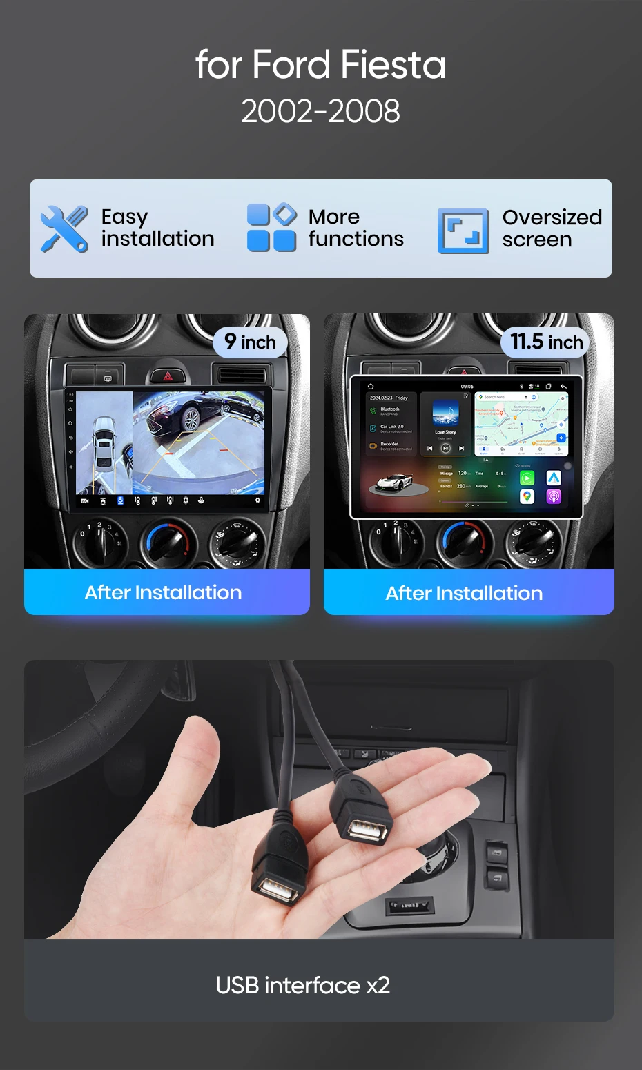 Junsun Android Auto Autoradio für Ford Fiesta Mk VI 5 Mk5 2002 2003 2004 2005 2006-2008 Multimedia Wireless Apple CarPlay Smart Intelligent Systems IPS Touchscreen Stereo Video Player 2 Din Autoradio Head Unit Navigation BT GPS 4G WIFI FM AM DSP RDS SWC – Detail 3