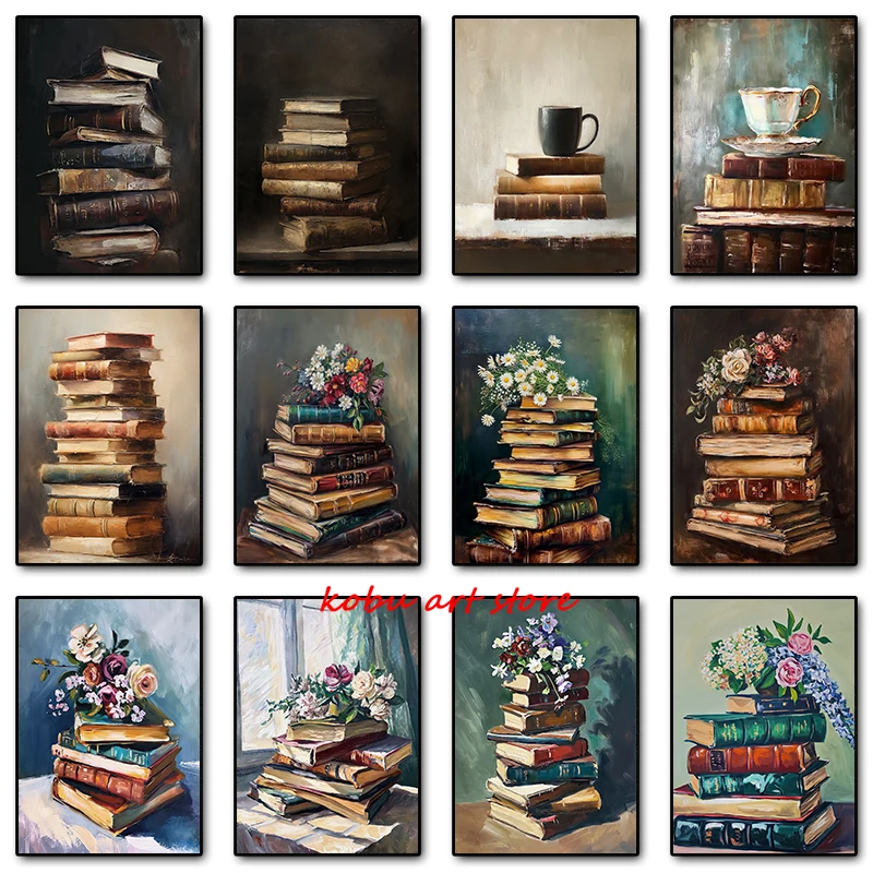 Vintage Stack of Books Flowers Still Life Posters and Prints Canvas Paintings Wall Art Picture for Library Study Room Decor