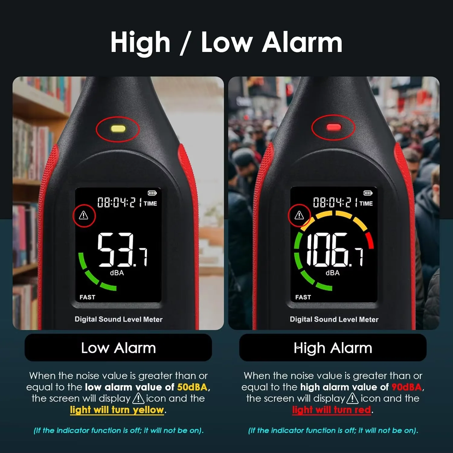 Pengukur Desibel, Monitor Tingkat Desibel Suara & Kebisingan, Pengukur SPL 30dB hingga 130dB(A) dengan Perekam, Alarm Visual, Berbobot A/C