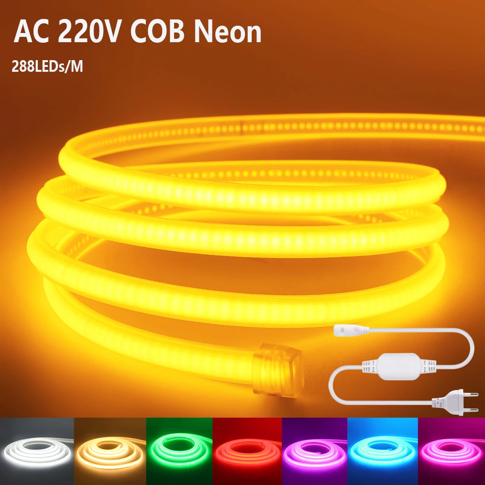 288Leds/M COB Neon Light Strip AC 220V White Red Ice Blue Pink Yellow Purple Green Waterproof Flex Bright LED Ribbon Home Decor