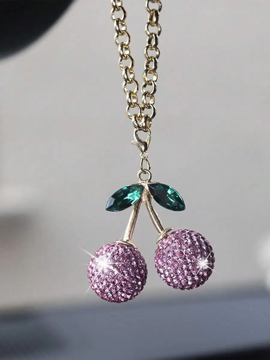 Cherry Rhinestone Car Rearview Mirror Pendant For Women Interior Decoration