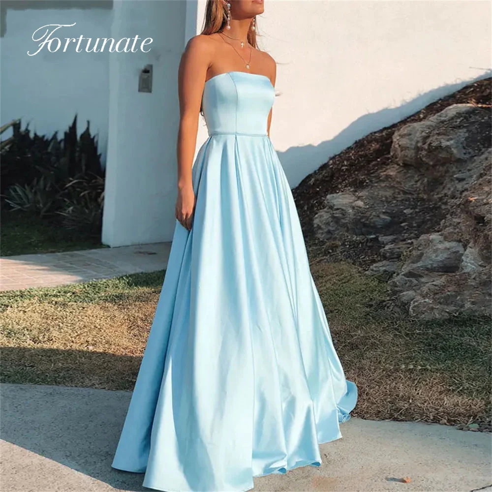 

Fortunate Simple Bule Sky Beach Strapless Soft Stain Prom Dresses Elegant A-Line Sleeveless Lace Up Floor Length Evening Gowns