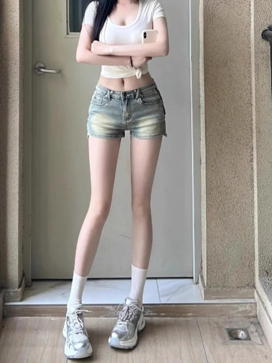 Retro American Washed Denim Side Zipper Super Short Jeans Women's Summer Tight Low Waist Straight Leg Butt Lifting Hot Pants