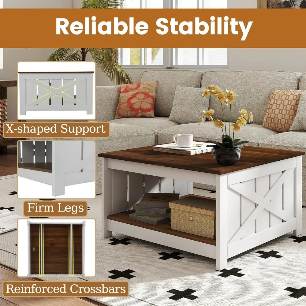 Modern 31 Square Coffee Table with Open Storage Shelf, 2-Tier X-Shaped Design, Barn Fence Style