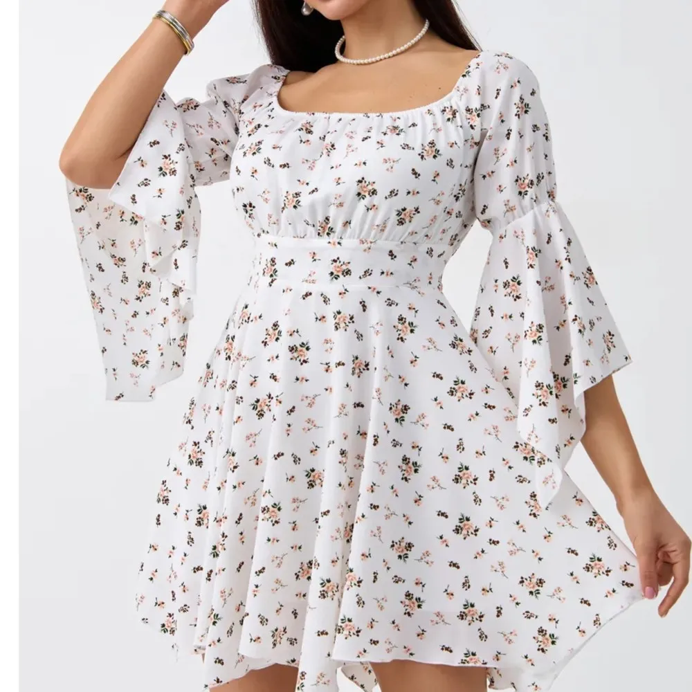 

Women's Casual Dresses Dress For Wedding Vestido Lady French Temperament Flared Sleeve Floral Print Irregular Slim Tighten Waist