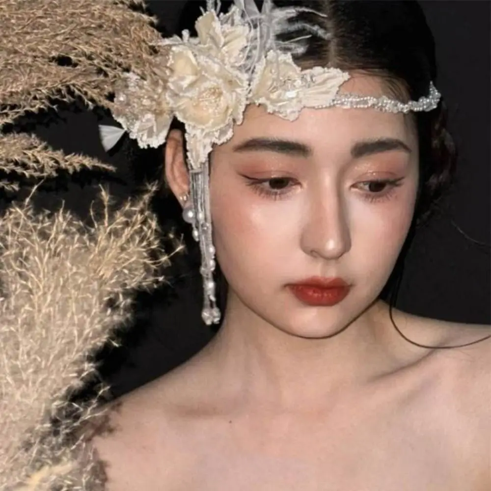 

French Exquisite Bridal Headbands Flower Feather Bride Headress Luxury Pearls Wedding Headwear Bride Accessories