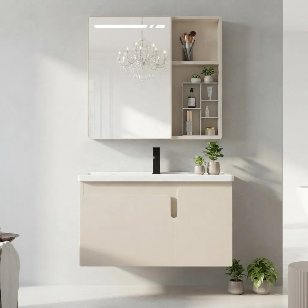 Modern Design Easy Clean Ceramic Wall-Mounted Washbasin Vanity Cabinet Set With Lighted Mirror Rectangle 60cm For Hotel Use
