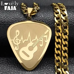 Hip Hop Guitar Pick Bass Note Necklace for Men Stainless Steel Gold Plated Music Lovers Pendant Necklaces Jewelry colar N3003GD