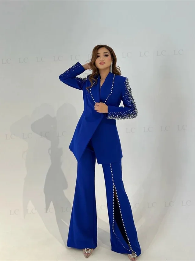 2 ピースデザインの高級女性スーツビーズダイヤモンド真珠ウエディングイブニングドレスフォーマルカスタムメイドプラスサイズの花嫁の母