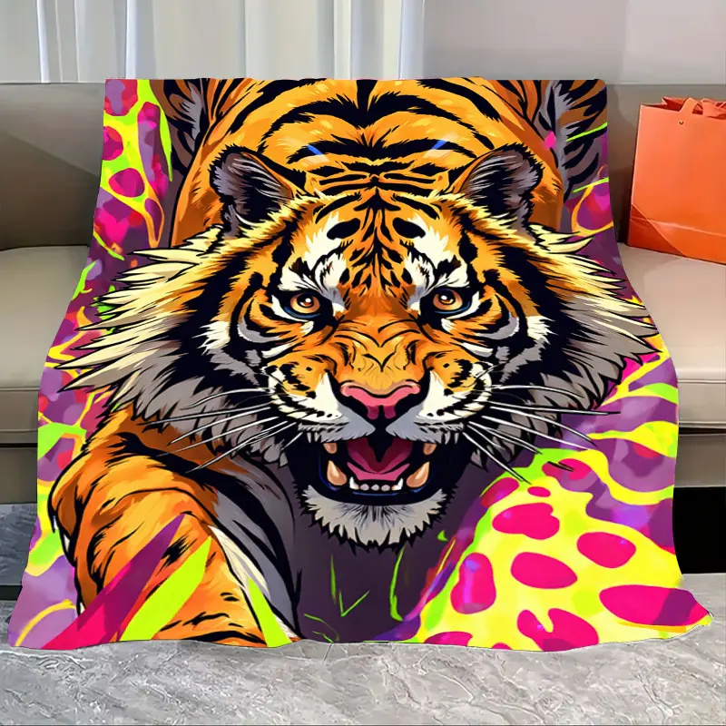 

1pc Flannel Blanket Vibrant Tiger Print Fleece Blanket - Colorful Jungle Style for Cozy Living Room
