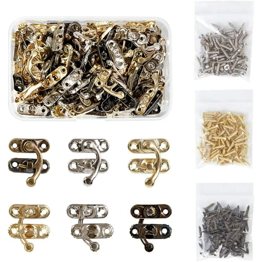 60PCS Antique Right Latch Hook Hasp Wood Jewelry Box Latch Hook Clasp 3-Color Swing Arm Lock Clasp with Replacement 60pcs