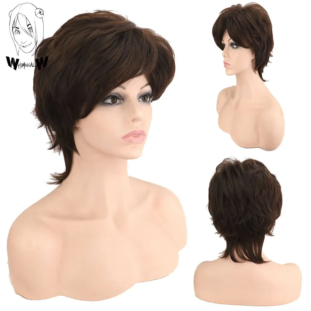 WHIMSICAL W Synthetic Women Mixed Brown Short Wigs Bangs Fluffy Layered Straight Mixed Color Heat Resistant Short Hair Wig