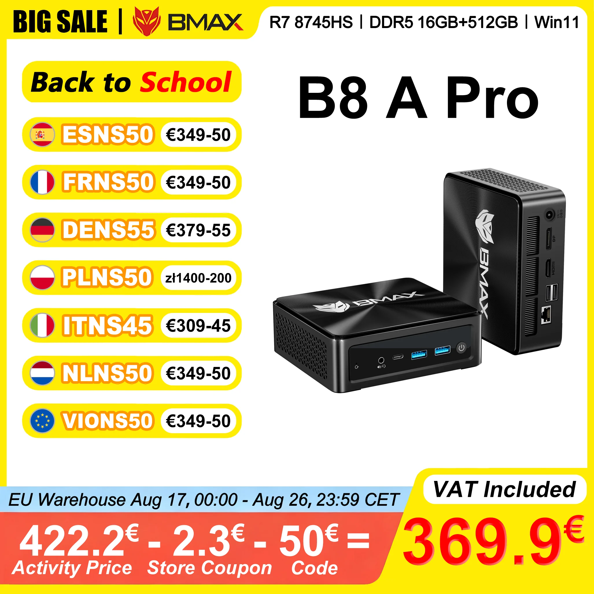 BMAX B8 A Pro Mini-PC AMD Ryzen 7 8745HS 16 GB DDR5 4800 MHz RAM 512 GB NVMe SSD Windows 11 WiFi 6 unterstützt 4K@60Hz AMD Radeon 780M