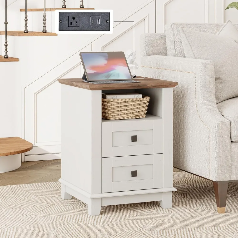منضدة مع قاعدة شحن، وطاولة جانبية للمزرعة مع درج تخزين بطبقتين ومكعب خشبي مفتوح لغرفة النوم والمكتب، Wh