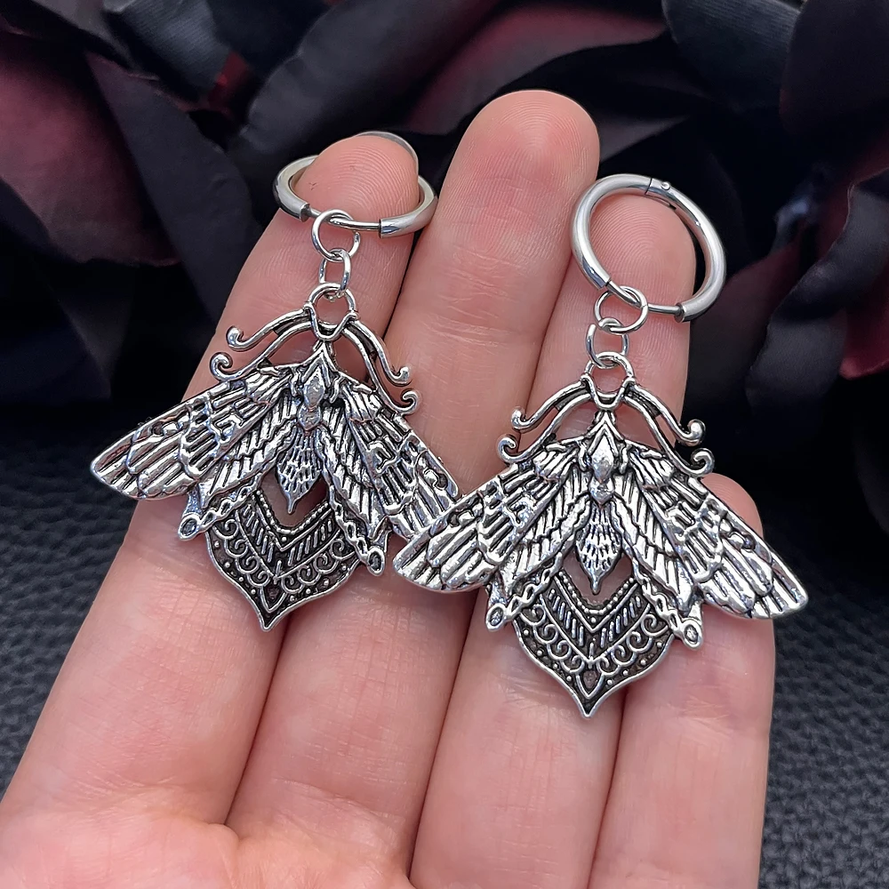 Gothic Punk Death Moth Dangle Hoop Earrings Silvery Skull Moth Filigree Moth Huggie Earrings Halloween Dark Witchy Jewelry view 3