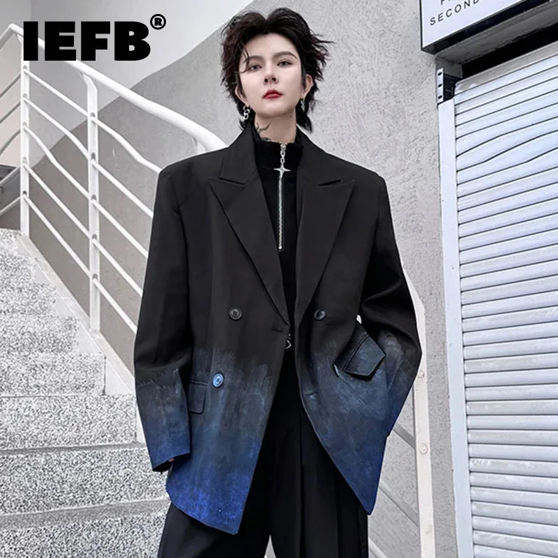 IEFB Turn-down Collar Men's Blazer Personality Freehand Painting Gradient Color Male Suit Jackets New Trendy Spring 2024 9C4225