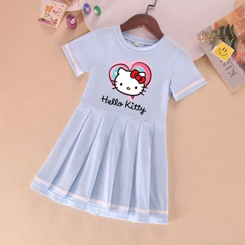 Sanrios Hellokittys Dress Kawaii Kuromi Girl Princess Dress Summer Cotton Short Sleeve Fashion Pleated Skirt Preppy Kids Clothes