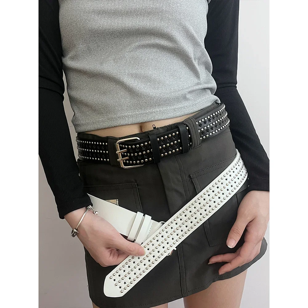 

Vintage Women Rivet Belt Fashion Hollow Five-pointed Star Belts Designer Double Row Hole Strap Casual Jeans Female Waist Belt