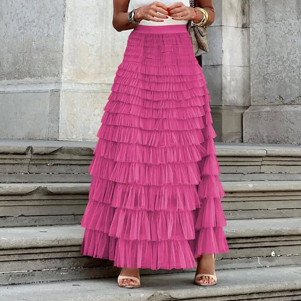 

Юбка-миди с эластичным поясом, А-силуэт, однотонная, многослойная, с оборками и сетчатым подолом, для офиса