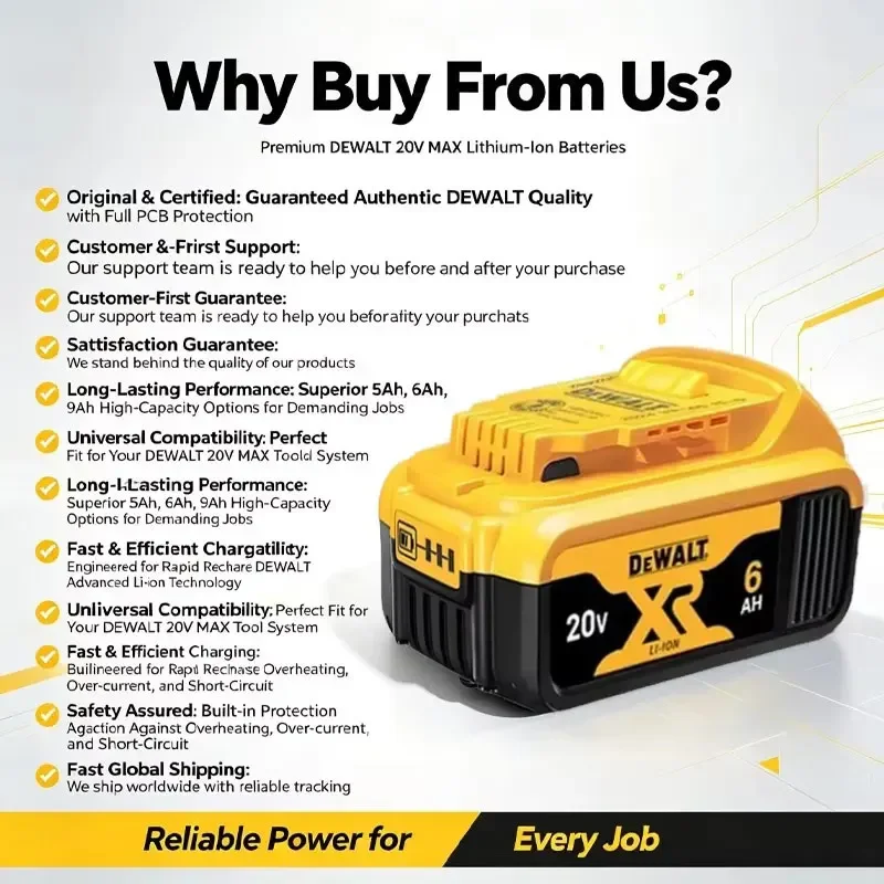 DEWALT Original  XR Battery 20V 6.0AH Lithium-ion DCB206 Replacement Battery DCB184 DCB200 DCB205 Battery Combo Available