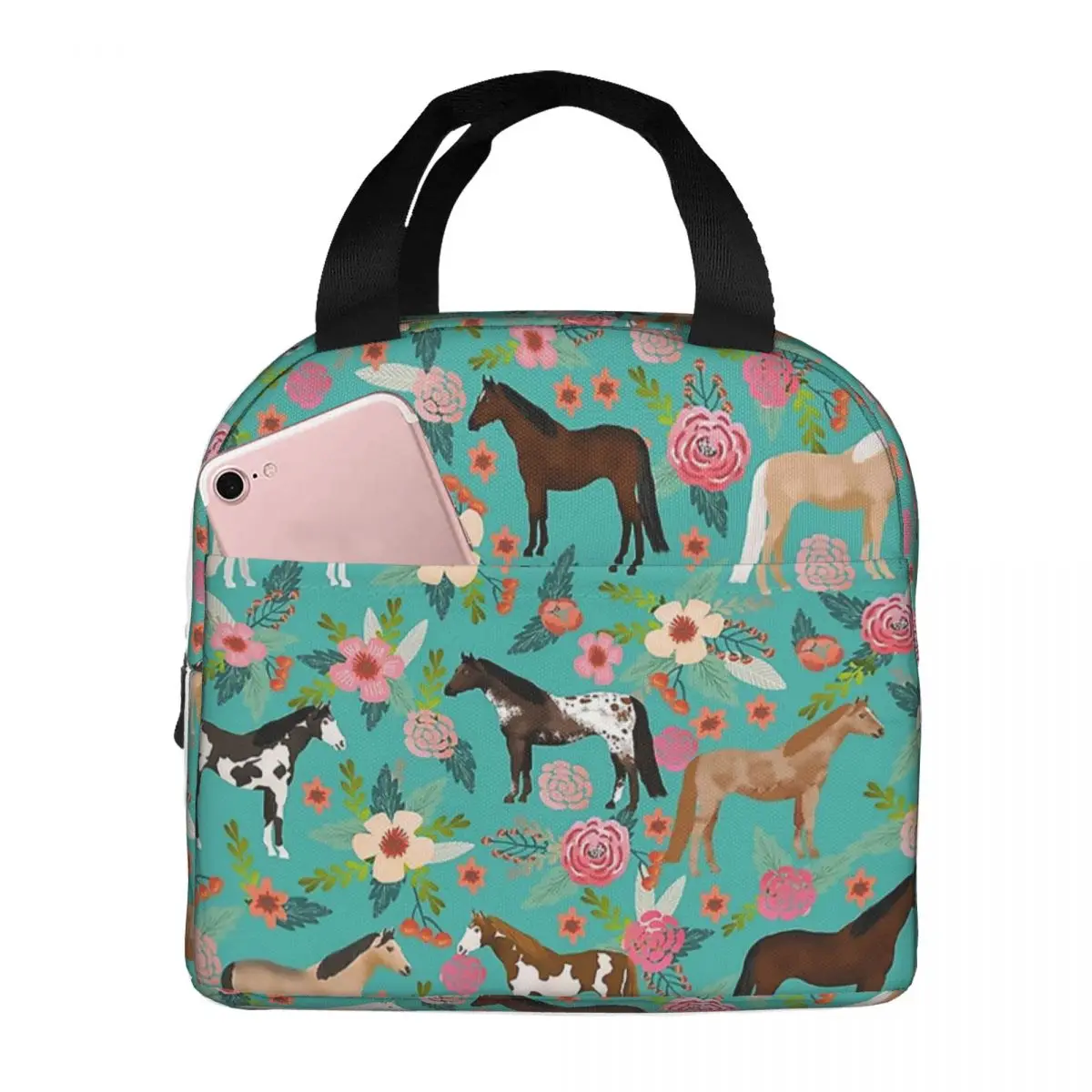 

Horses Floral Horse Prink Insulated Lunch Bag Insulation Bento Pack Meal Pack Student Bento Lunch Handbag Insulation