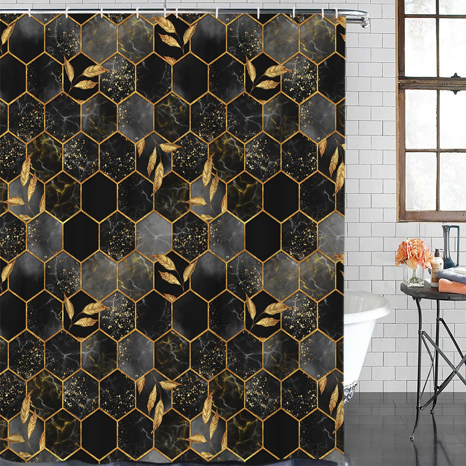 Marble Honeycomb Texture Black Grey Waterproof Bathroom Decoration Shower Curtain Printed Bathtub Curtains Bathroom Accessories