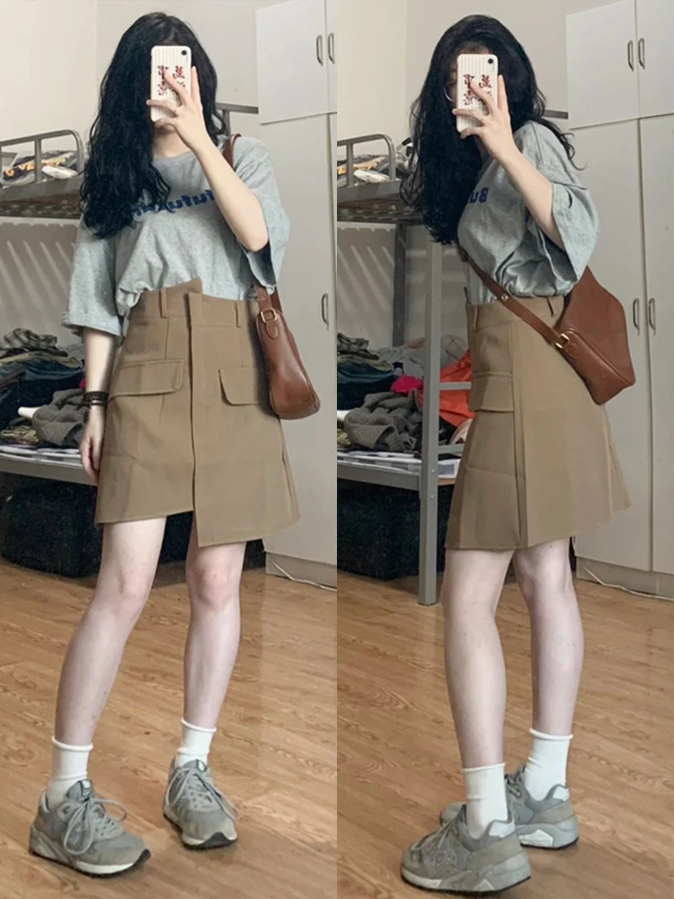 

Khaki Asymmetrical High Waist Women's Skirt Slimming Autumn plus Size Cover Belly Hip A-Line ort Skirt
