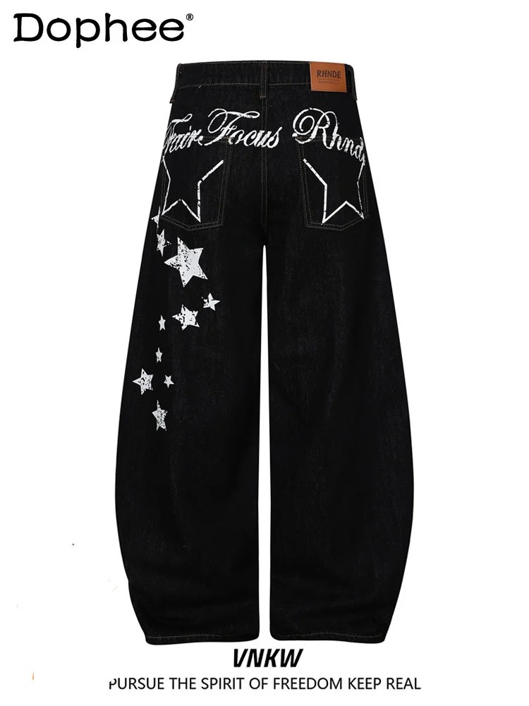 

American Retro High Street Star Print Denim Pants Loose Casual Fashion Trend Wide Leg Pants Unisex