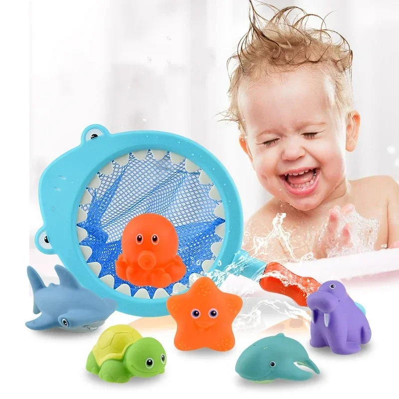 

7PCS/Set Fishing Toys Network Bag Pick up Duck&Fish Kids Toy Swimming Classes Summer Play Water Bath Doll Water Spray Bath Toys