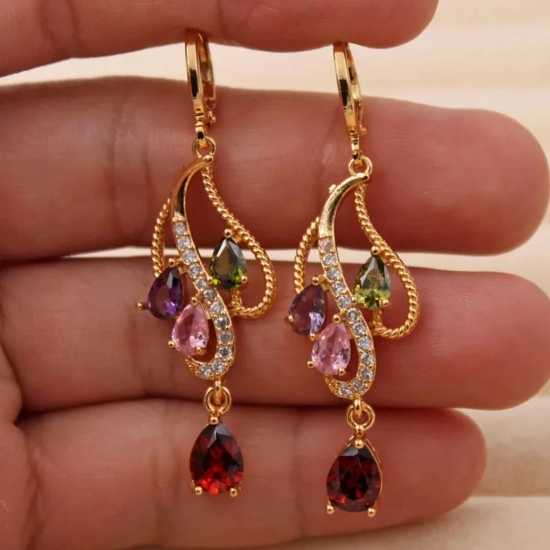 Gorgeous Earrings for Women Gold Color Element Flower Waterdrop Pink Green Purple Stone Hoop Earrings Engagement Jewelry