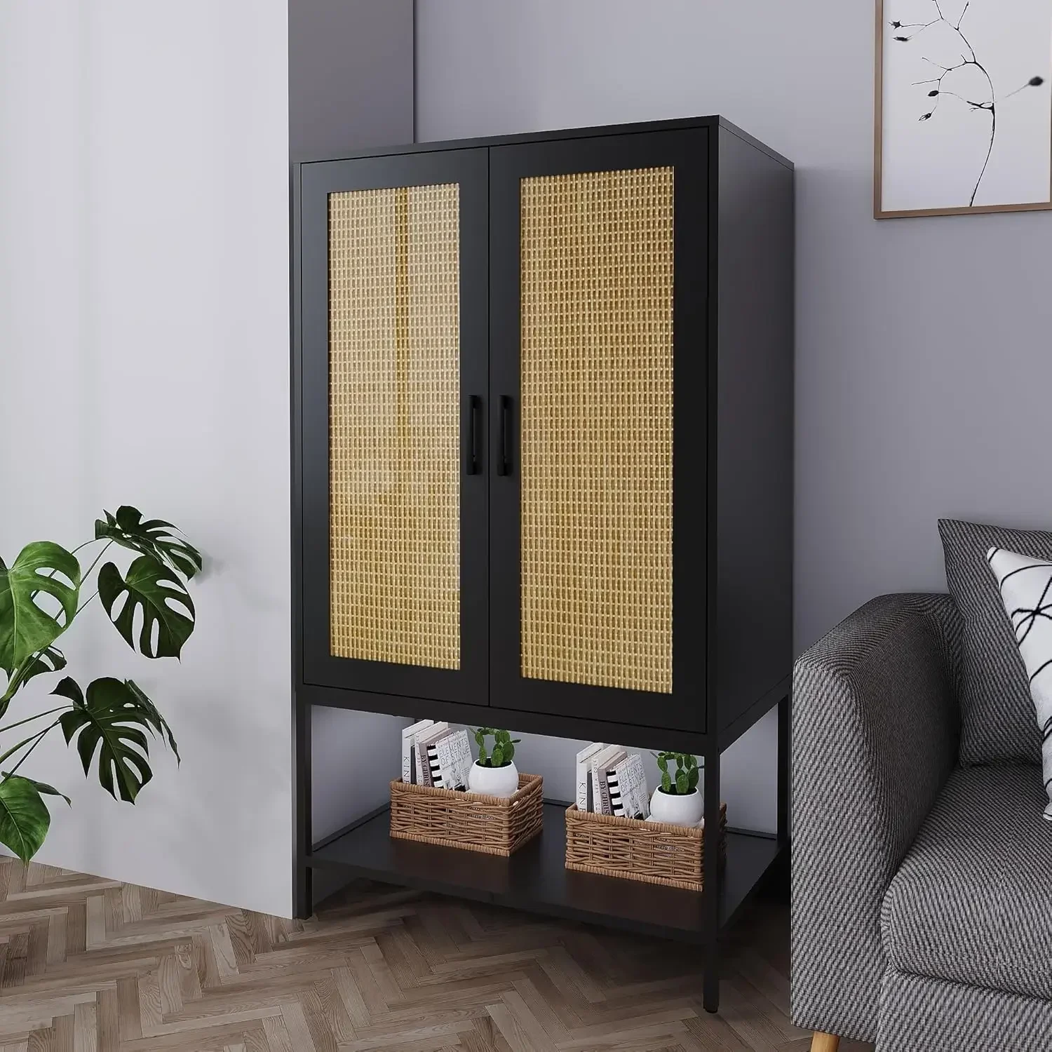 Wardrobe Closet,Rattan Bedroom Armoires with 2 Doors,Wooden Wardrobe Cabinet with Shelves and Hanging Rod for Clothes,Black