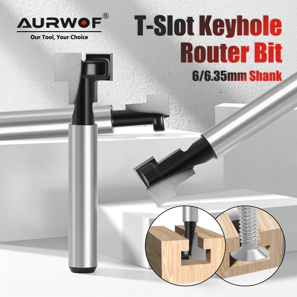AURWOF 6mm 1/4 Shank Black Keyhole Bit T-Slot Cutter Router Bit Woodworking Milling Cutter For Wood Tools Face Mill End Mill