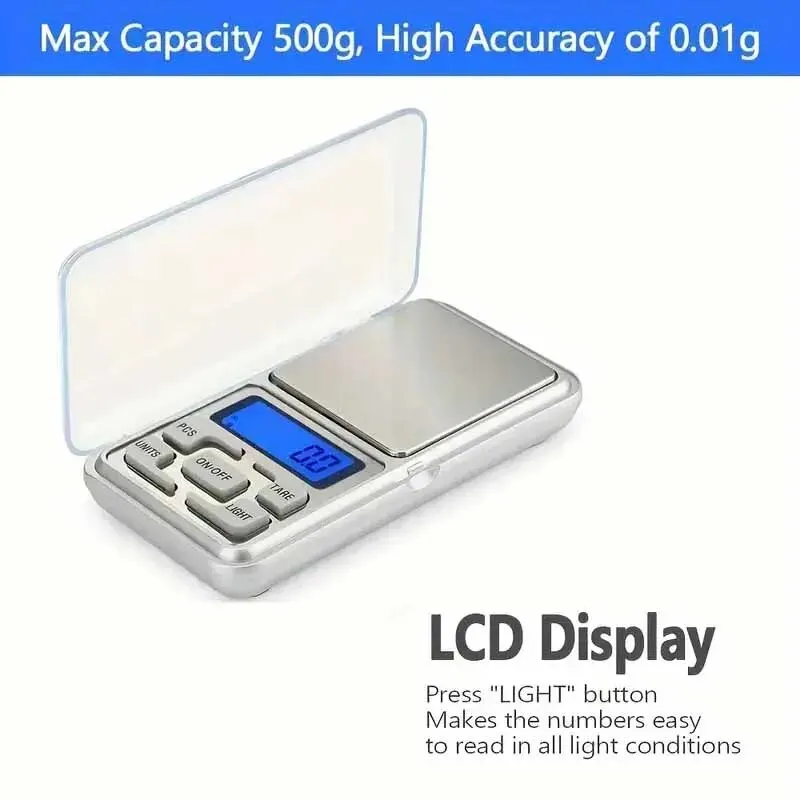 High precision electronic digital jewelry weighing pocket scale Stainless steel portable 500g/0.01g counting function blue LCD