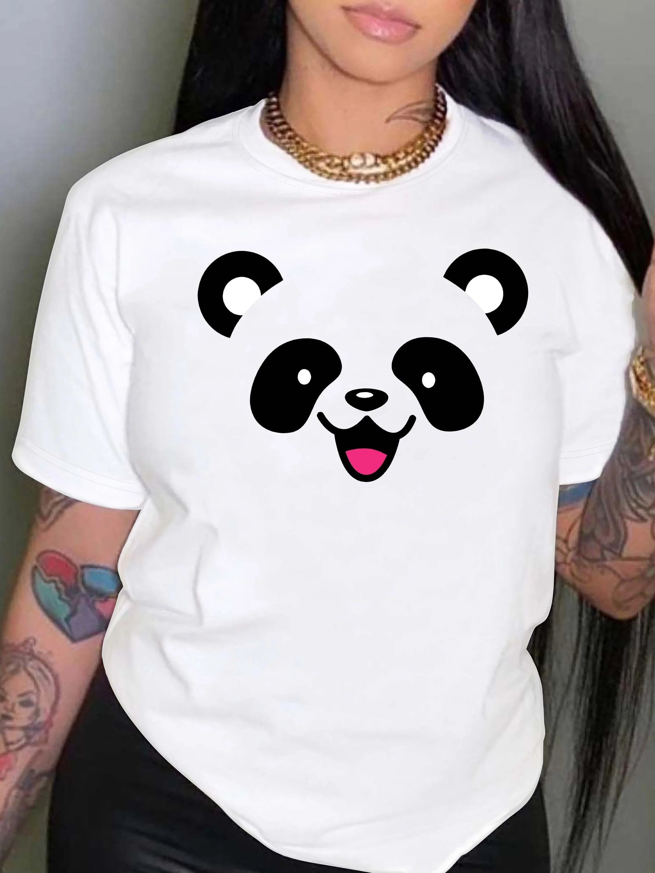 Casual Cute Cartoon Panda Print T-Shirt Polyester Crew Neck Short Sleeve Knit Fabric Slight Stretch Animal Pattern Regular