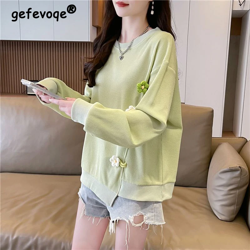 Women Korean Fashion 3D Flower Sweet Chic Sweatshirt Y2K Streetwear Casual Hoodie Female O Neck Long Sleeve Loose Irregular Tops