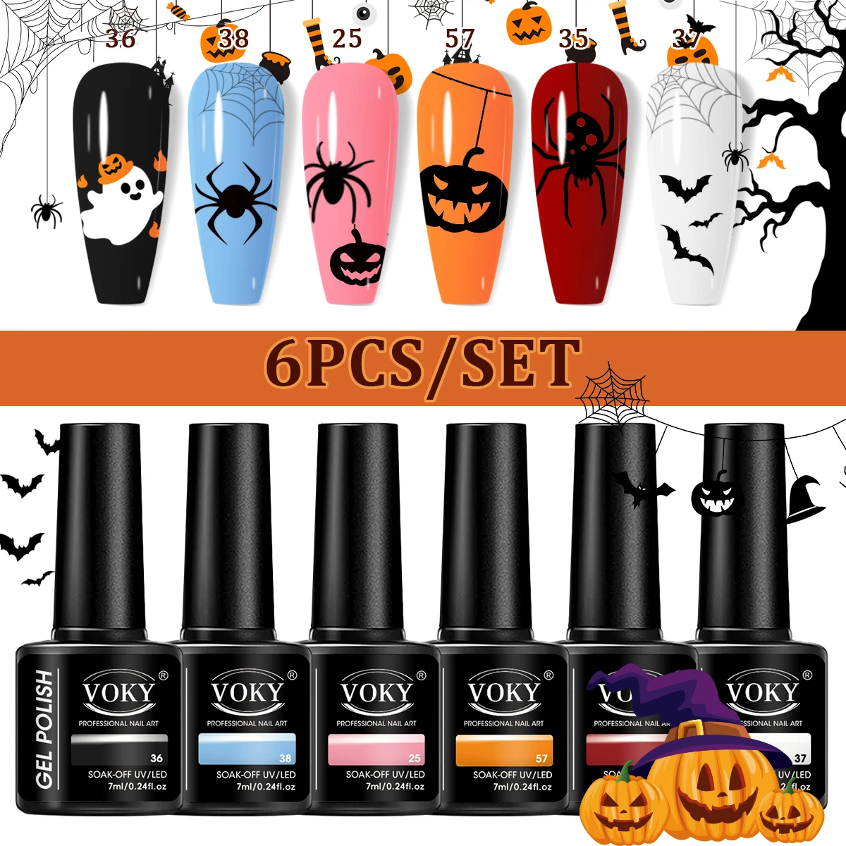 6-Piece Set of Cute Halloween Soft Color Gel Nail Polish Set, Including Black, Light Blue, Pink, Orange, Red, White, and Other Uv Soak-Off Gels, High-Gloss and Durable Nail Art Supplies, Suitable for Creating Spider Webs, Pumpkins, Bats, and Hand Patterns, to Create a Sweet Gothic Style 