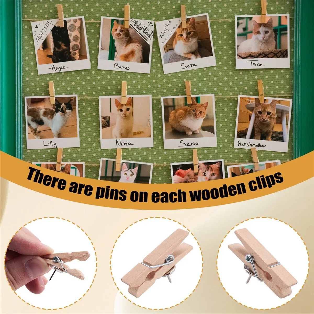 A56K Push Pins With Wooden Clips 50Pcs Thumbtacks Pushpins Paper Clips Clothespins Natural Color for Cork Board and Photo Wall O